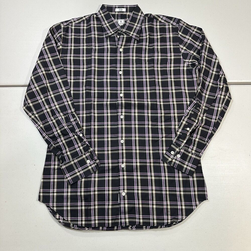 Peter Millar Mens Shirt Plaid Button Down Long Sleeve Black Purple Cotton Size M